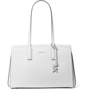 Michael Kors Women’s Laila Medium Tote Bag(Silver-tone Hardware/Signature Coated Twill/Optic White/Allum)
