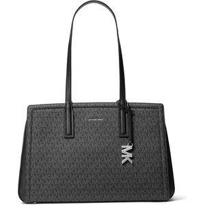 Michael Kors Women’s Laila Medium Tote Bag(Silver-tone Hardware/Tonal Mk Signature Coated Twill/Black)