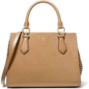 Michael Kors Women’s Marilyn Satchel(Gold-tone Hardware/Woven/Camel)