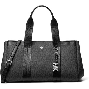 Michael Kors Women’s Romee Small Satchel(Silver-tone Hardware/Tonal Mk Signature Coated Twill/Black)